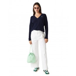 achat Pull Lacoste Femme col en V uni en laine Bleu marine face mannequin look