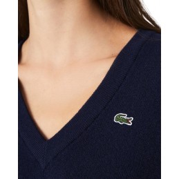 achat Pull Lacoste Femme col en V uni en laine Bleu marine détails logo